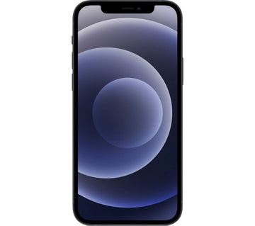 An Apple iPhone 12 in black color, showing the front of the smartphone with the screen on.